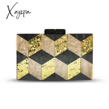 Xajzpa - New Women’s Bag Vintage Sequins Acrylic Dinner Geometric Checker Splicing Handbag Dress